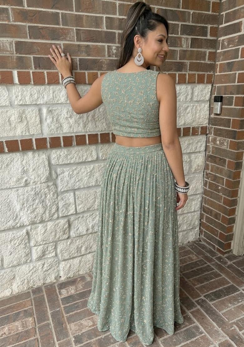 Pastel Blue Embroidered Net Lehenga Set - Indya