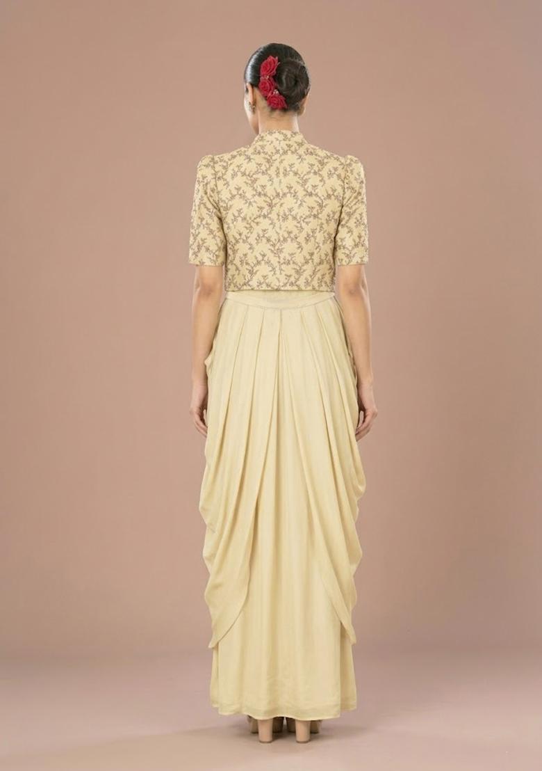 Cream Embroidered Tissue Fusion Set - Indya