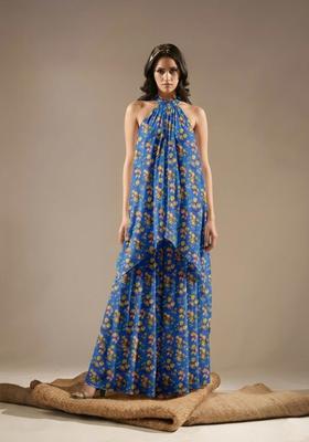 Navy Blue Printed Chinon Fusion Set