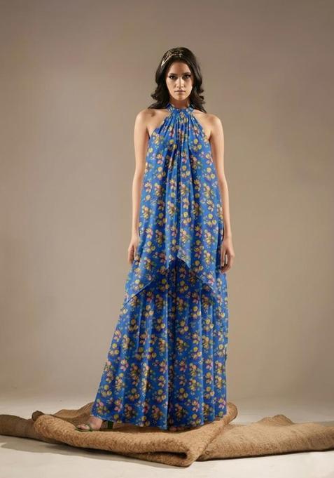 Navy Blue Printed Chinon Fusion Set