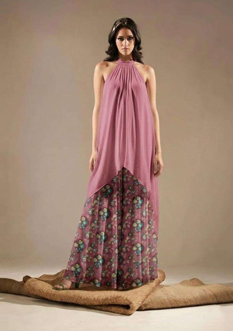 Dusty Mauve Printed Chinon Fusion Set - Indya