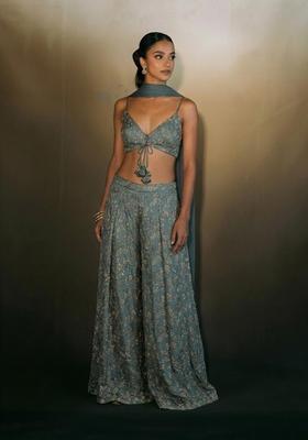 Slate Teal Embroidered Net Fusion Set