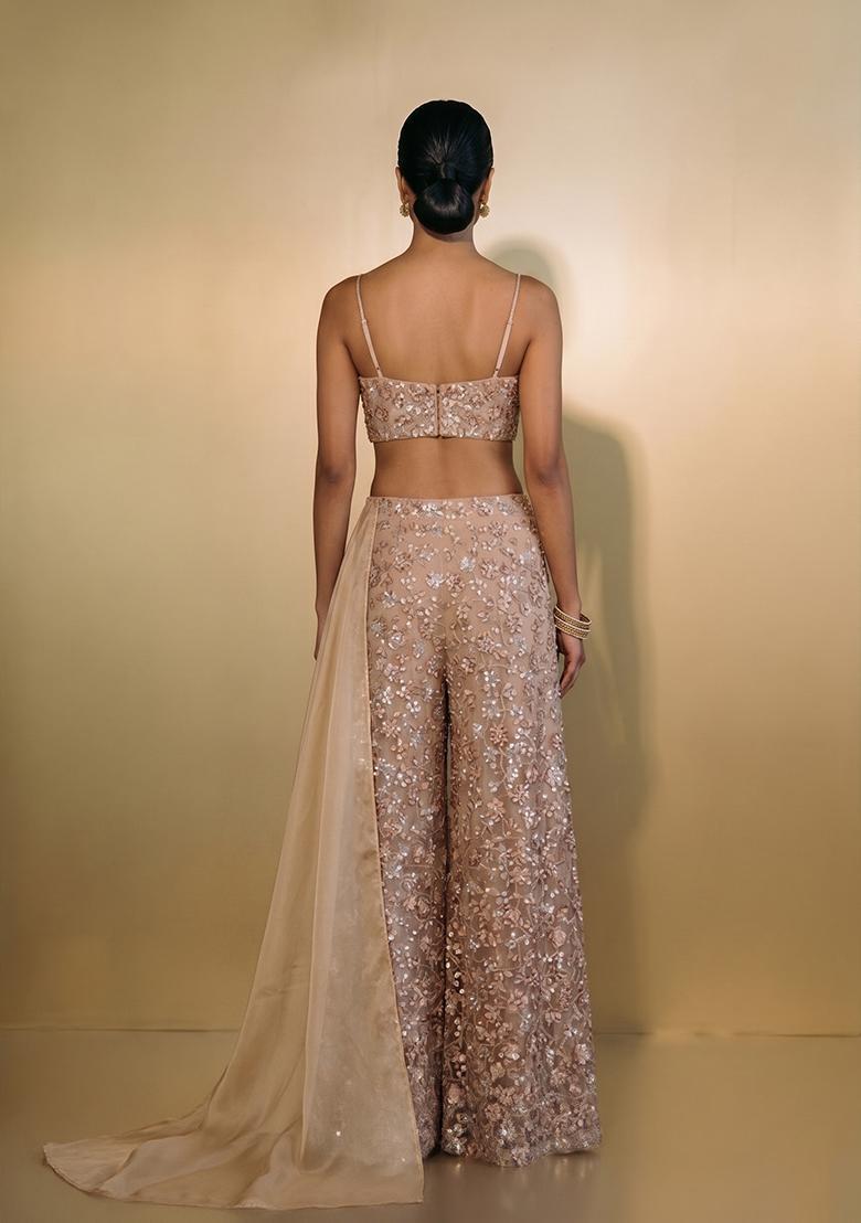 Brown Embroidered Net Fusion Set - Indya
