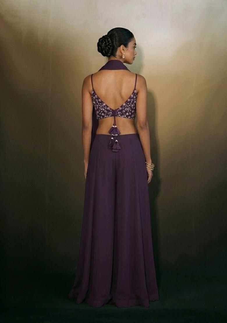 Purple Embroidered Net Fusion Set - Indya