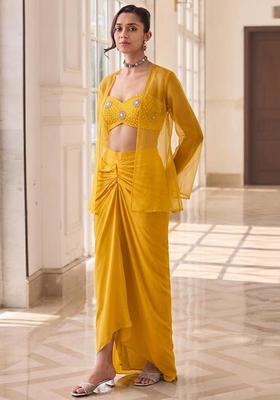 Mustard Yellow Printed Crepe Fusion Set