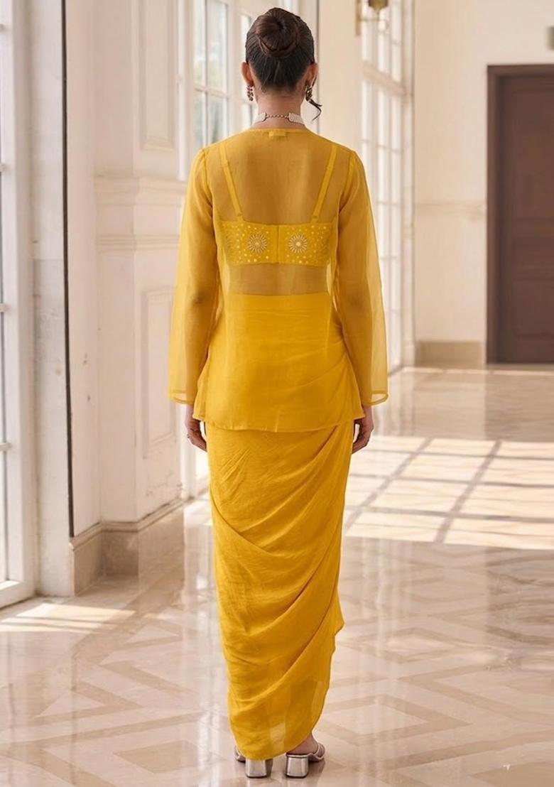 Mustard Yellow Printed Crepe Fusion Set - Indya