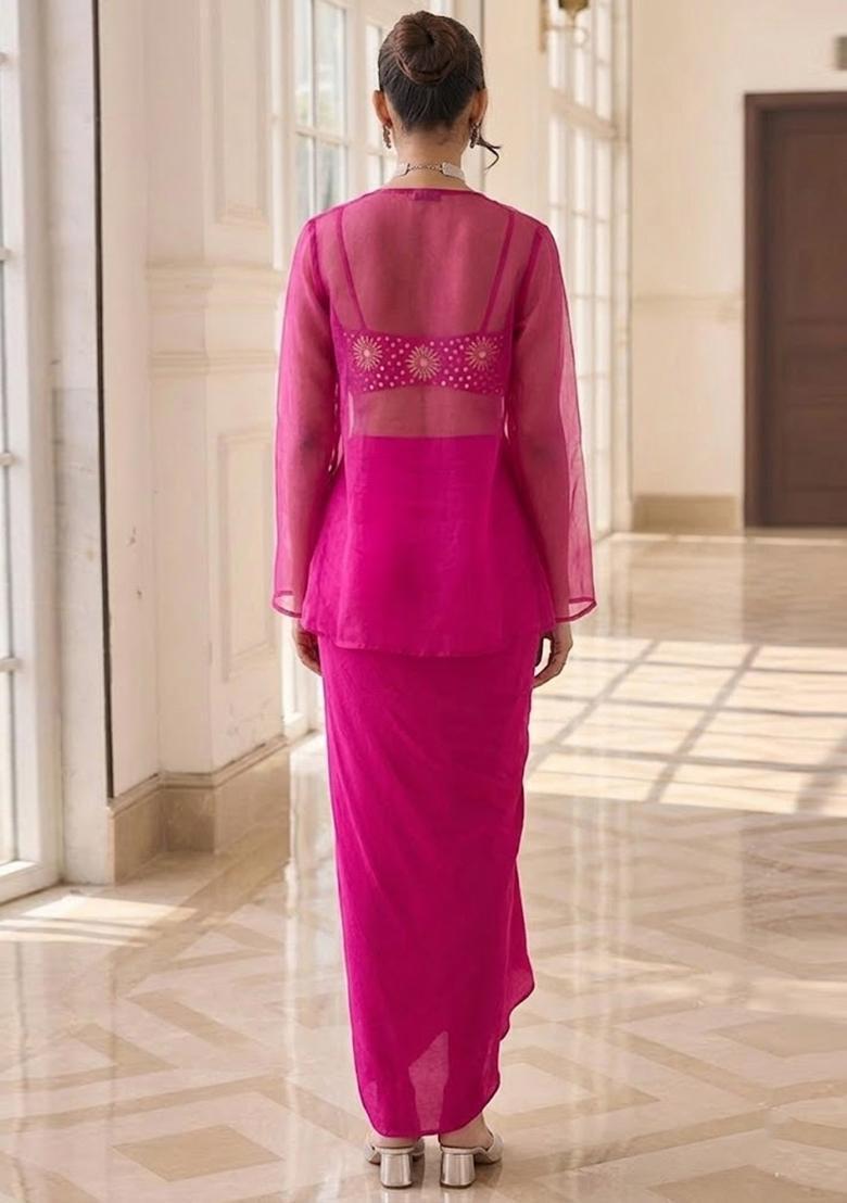 Magenta Pink Printed Crepe Fusion Set - Indya