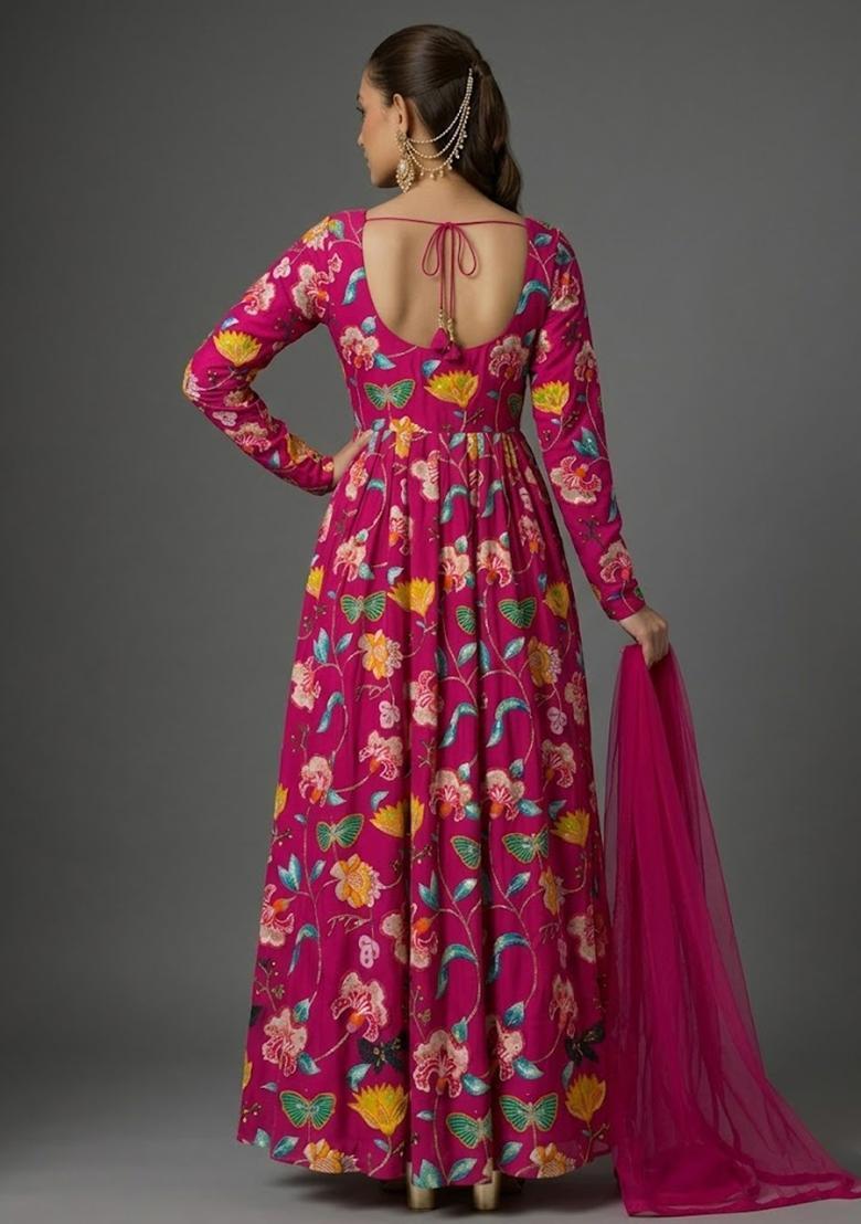 Hot Pink Printed Chinon Anarkali With Dupatta - Indya