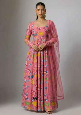 Soft Pink Printed Chinon Anarkali With Dupatta