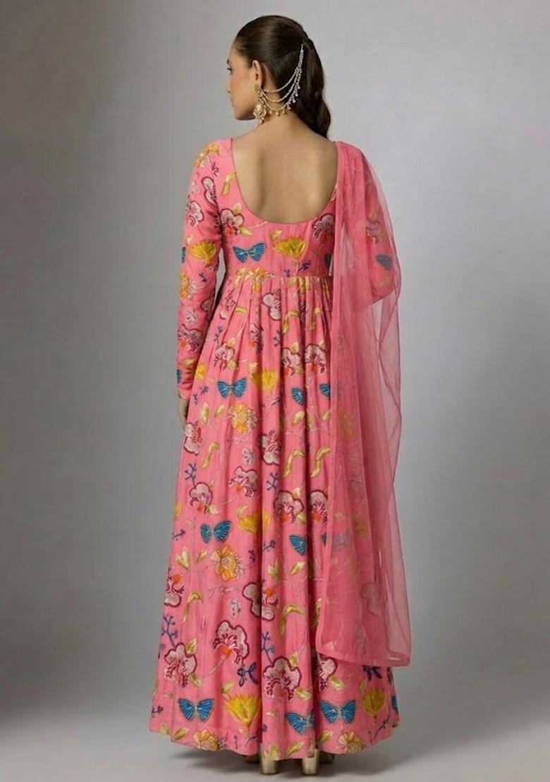 Soft Pink Printed Chinon Anarkali With Dupatta - Indya