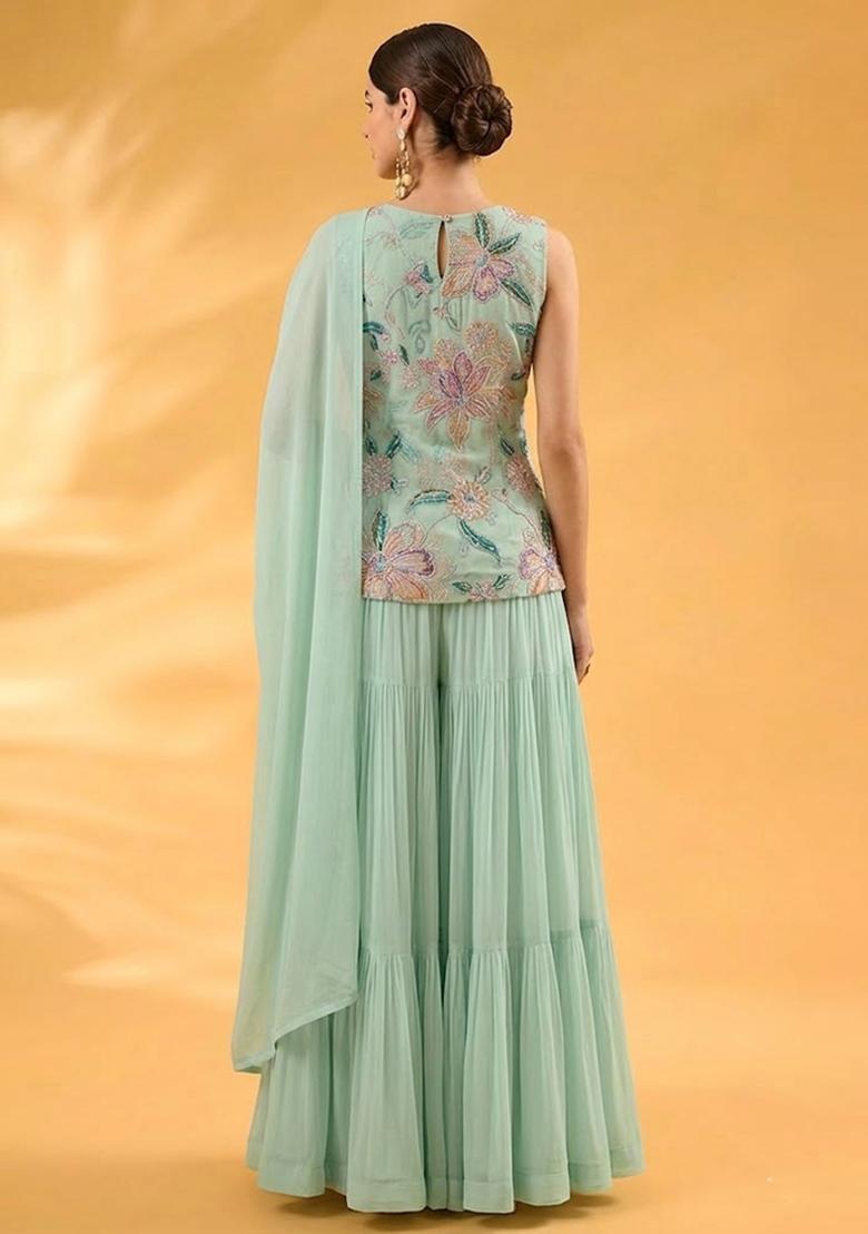 Mint Green Printed Organza Sharara Set - Indya