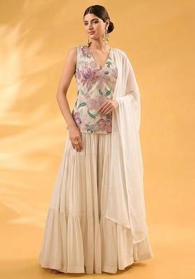 Beige Printed Organza Sharara Set