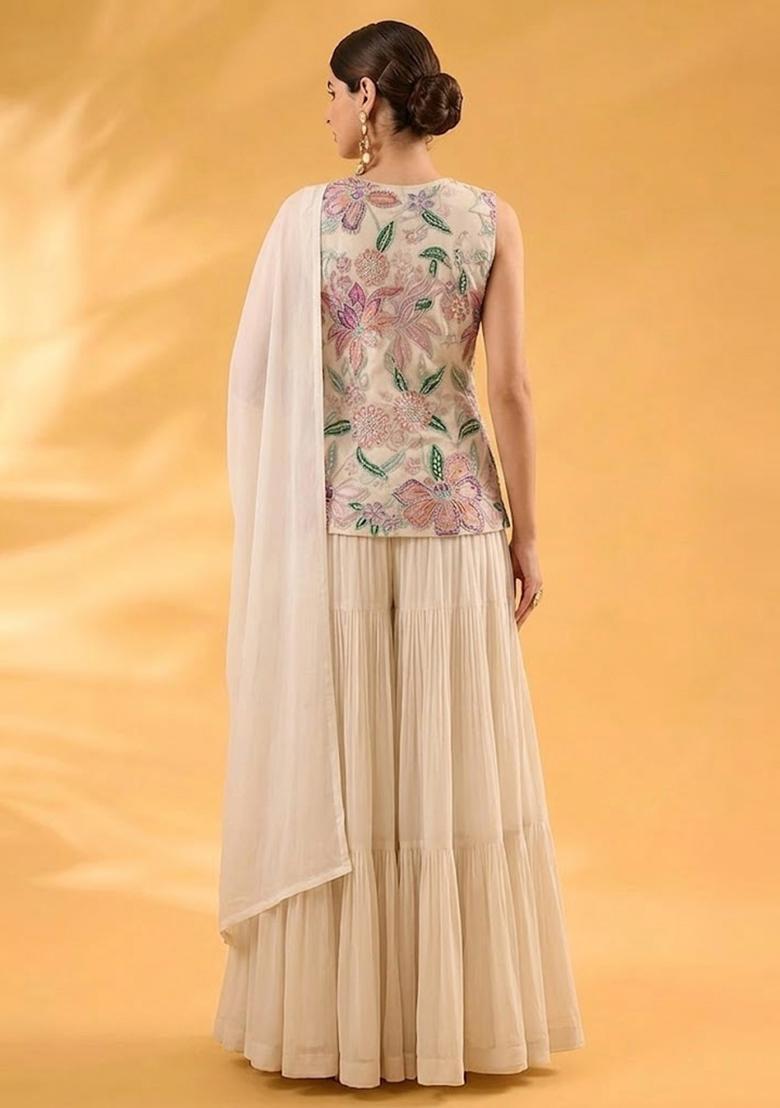 Beige Printed Organza Sharara Set - Indya