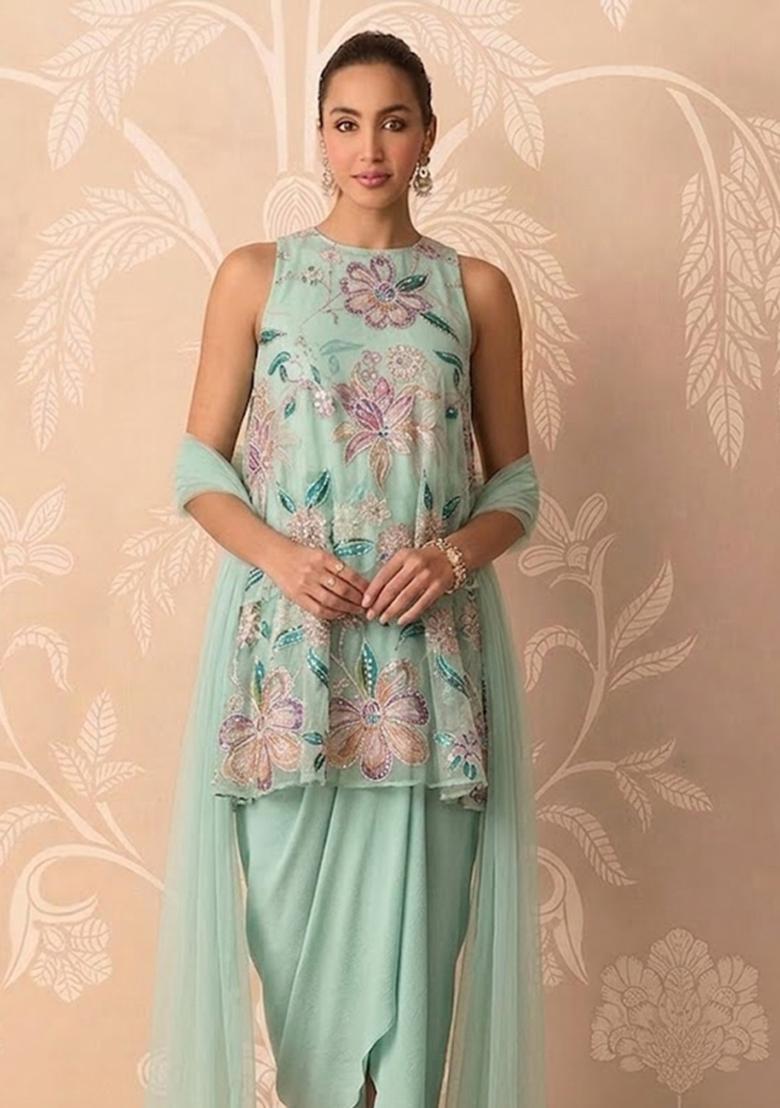 Mint Blue Printed Organza Kurta Set - Indya