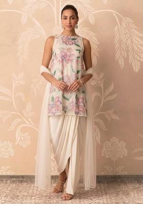 Beige Printed Organza Kurta Set