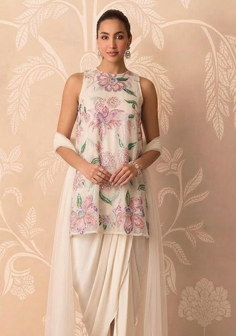 Beige Printed Organza Kurta Set - Indya