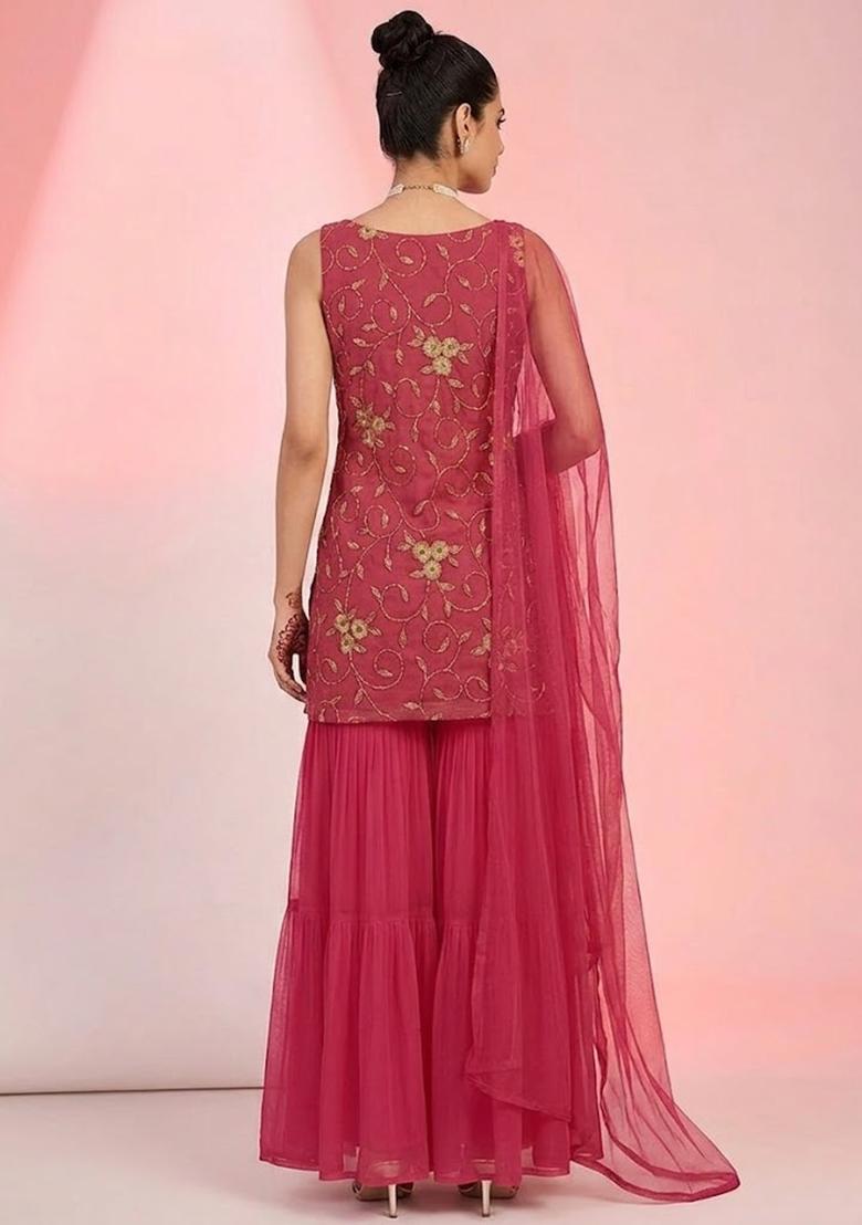 Pink Embroidered Net Sharara Set - Indya