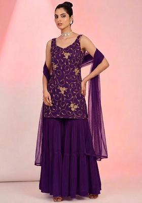 Purple Embroidered Net Sharara Set