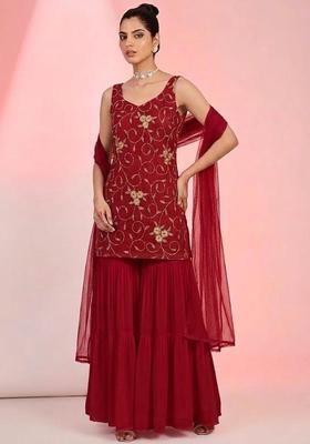 Red Embroidered Net Sharara Set