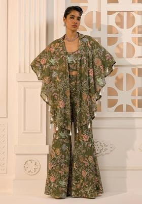 Olive Green Sequin Crepe Fusion Set