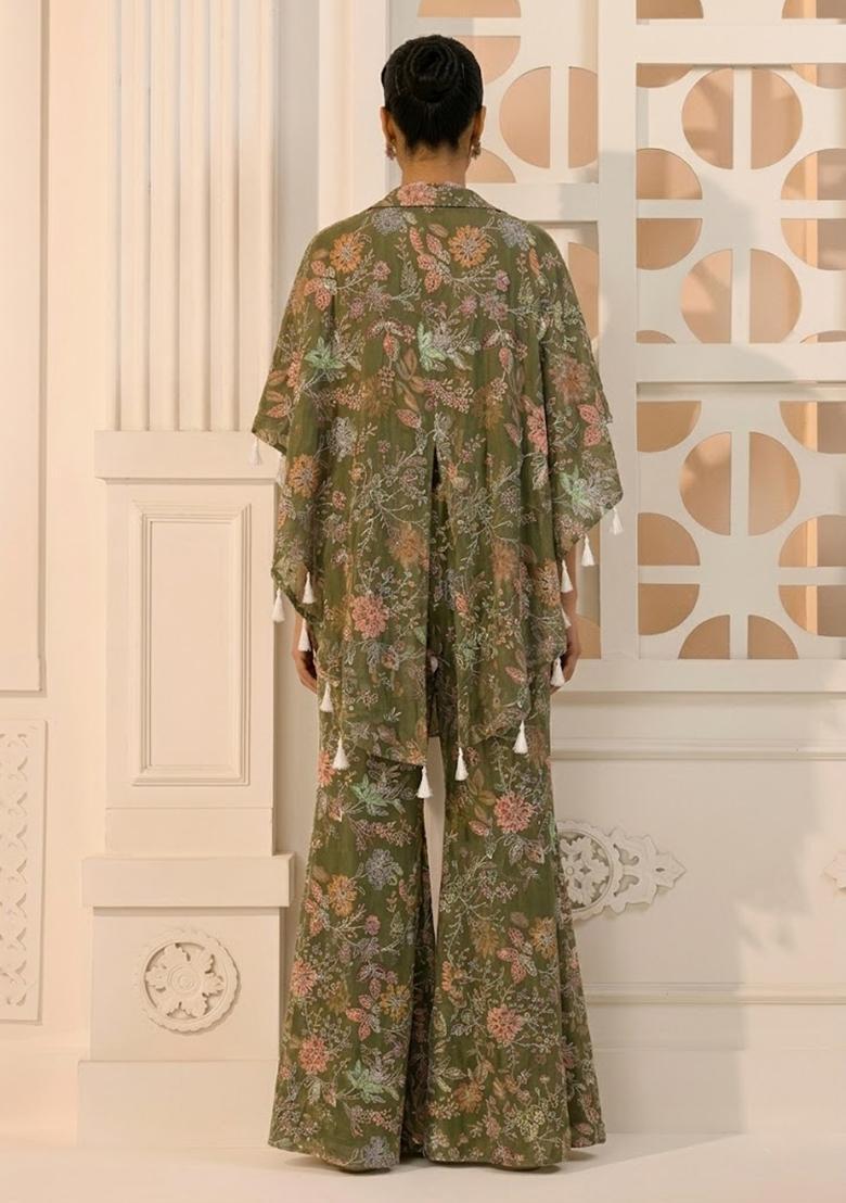 Olive Green Sequin Crepe Fusion Set - Indya