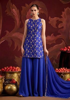 Royal Blue Banarasi Brocade Silk Blend Sharara Set