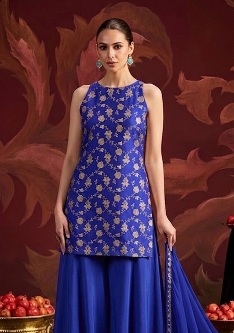 Royal Blue Banarasi Brocade Silk Blend Sharara Set - Indya