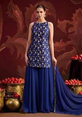 Navy Blue Banarasi Brocade Silk Blend Sharara Set