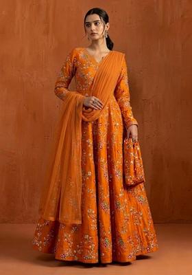Mustard Orange Embroidered Crepe Anarkali