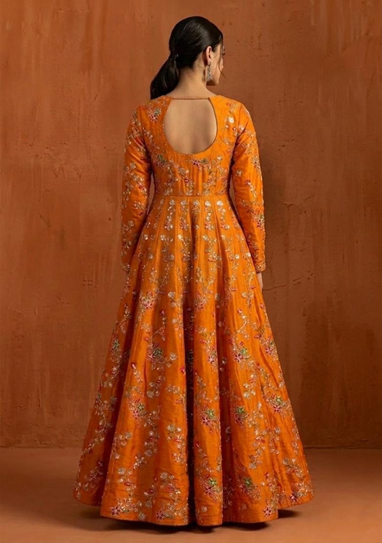 Mustard Orange Embroidered Crepe Anarkali - Indya