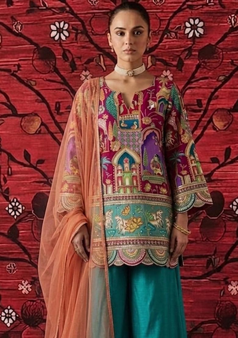 Magenta Pink Printed Crepe Sharara Set - Indya