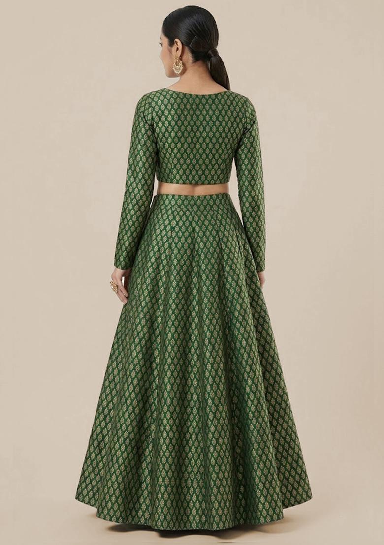 Bottle Green Brocade Banarasi Lehenga Set - Indya