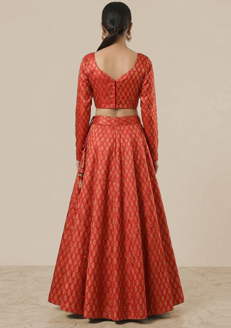 Red Brocade Banarasi Lehenga Set - Indya