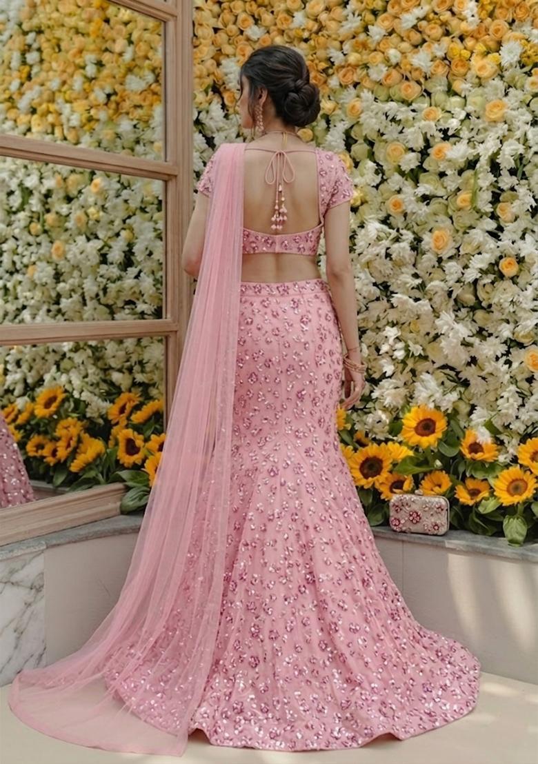 Blush Pink Embroidered Net Lehenga Set - Indya