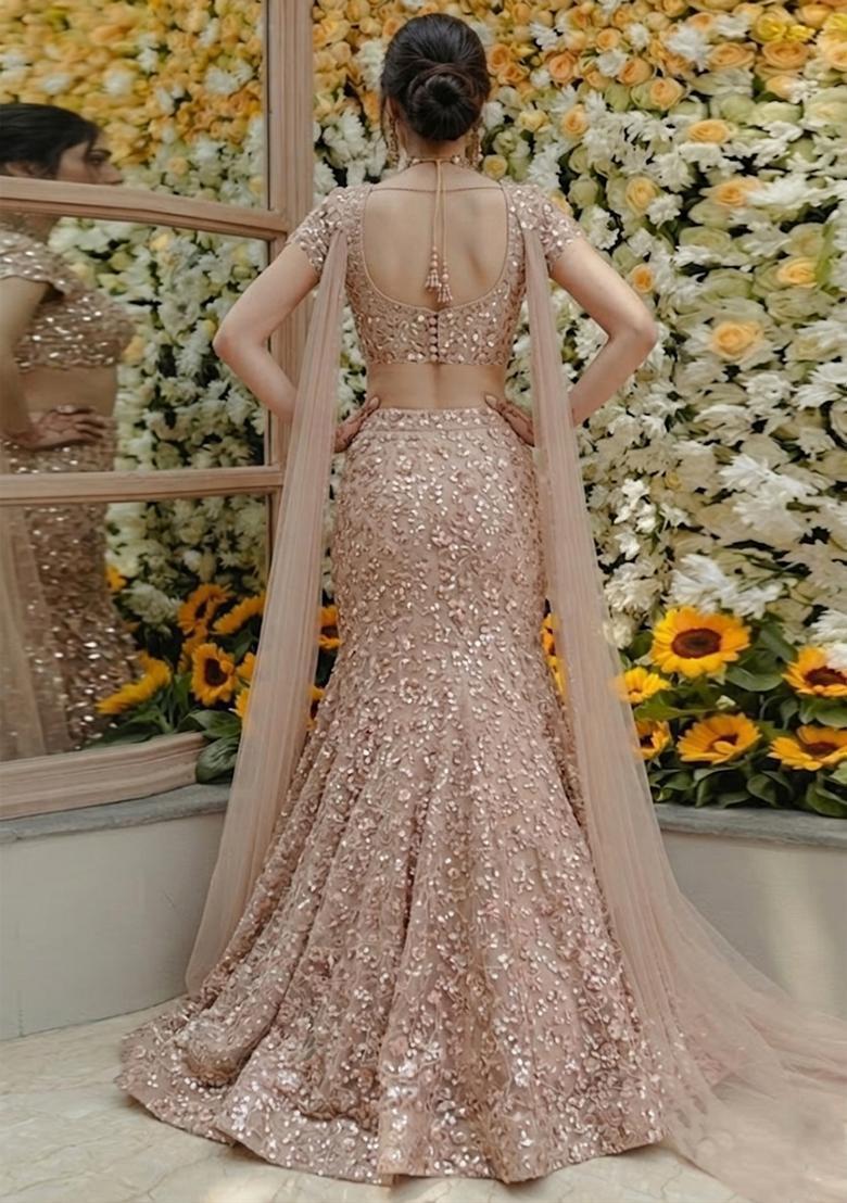 Rose Gold Embroidered Net Lehenga Set - Indya