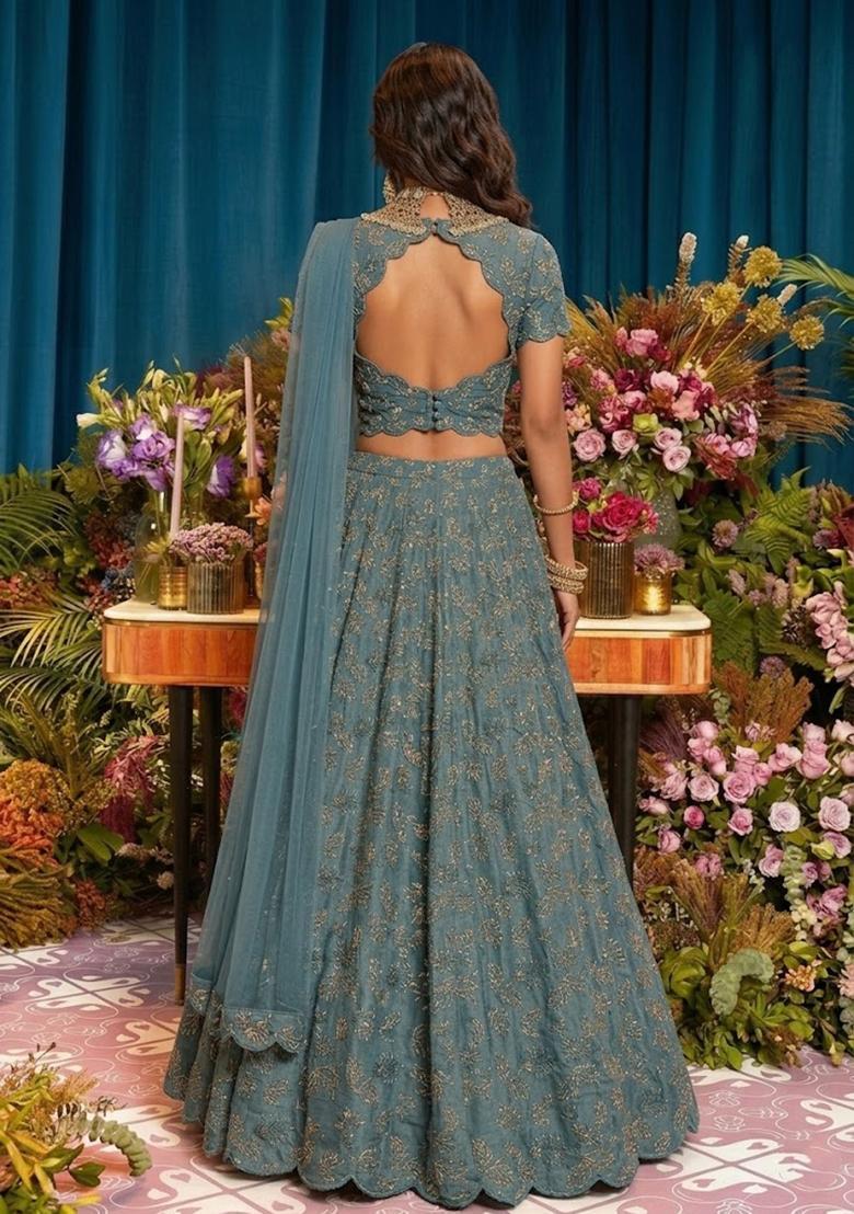 Slate Teal Embroidered Net Lehenga Set - Indya