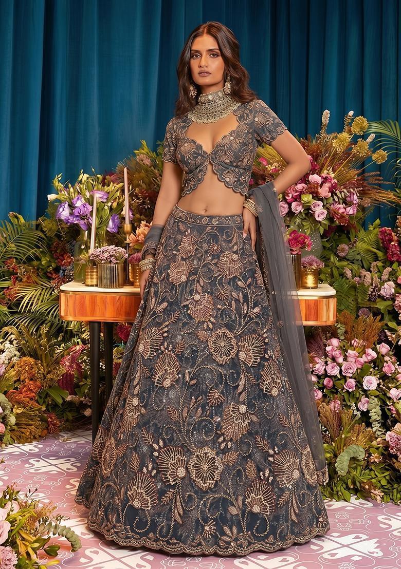 Charcoal Grey Embroidered Net Lehenga Set - Indya