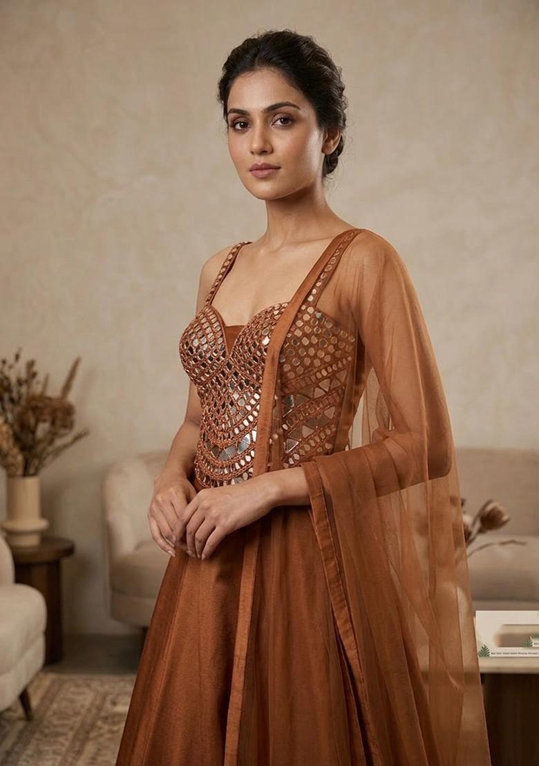 Brown Embellished Lehenga Set - Indya