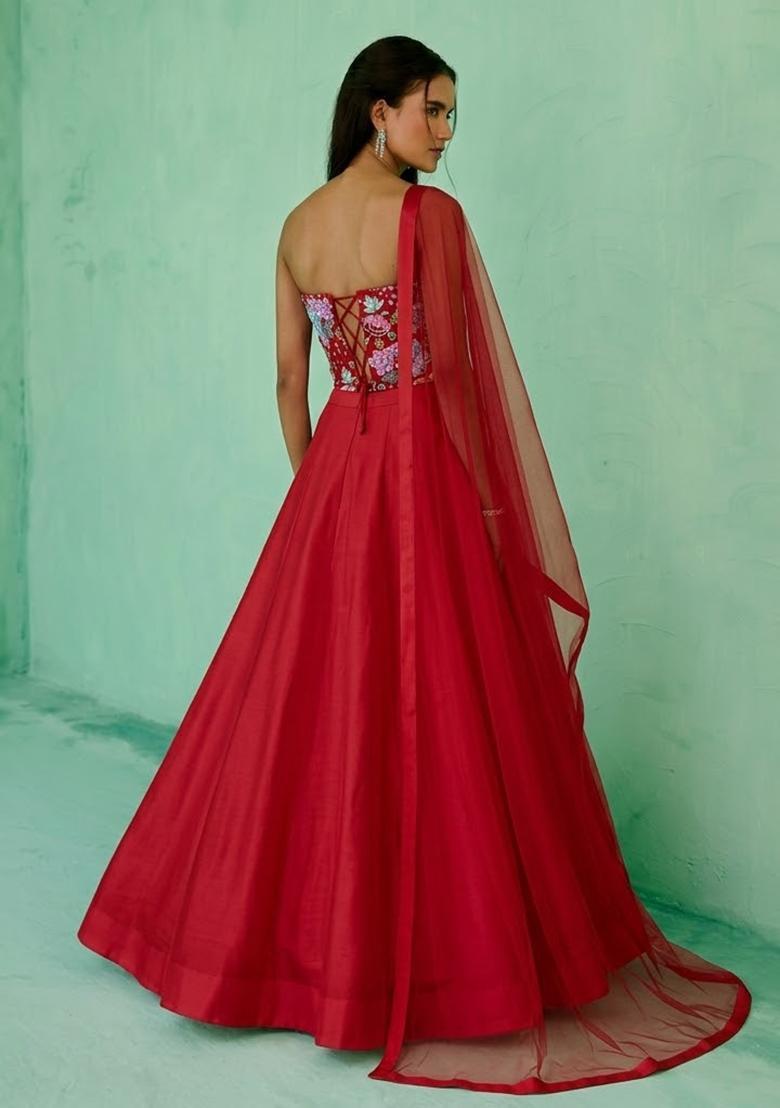 Bright Red Printed Crepe Lehenga Set - Indya