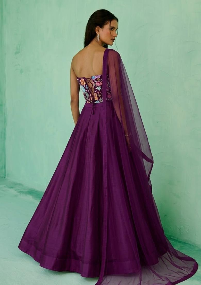 Purple Printed Crepe Lehenga Set - Indya