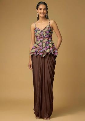 Brown Printed Crepe Fusion Set