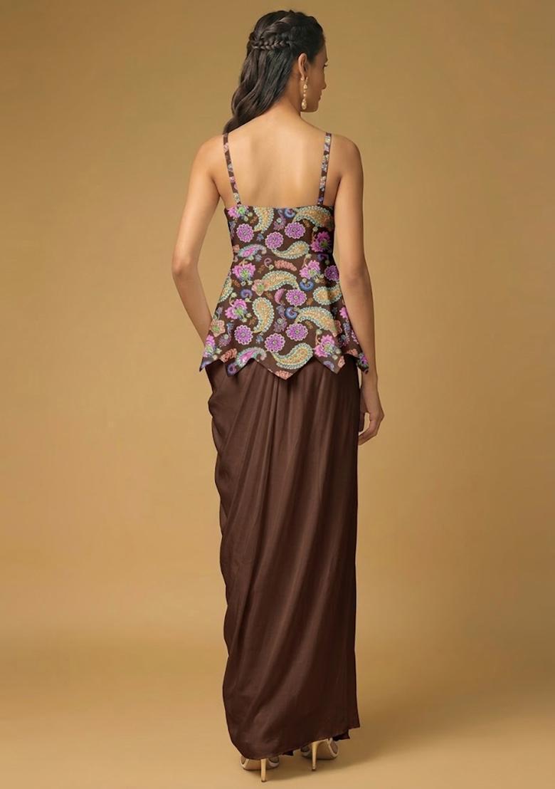 Brown Printed Crepe Fusion Set - Indya