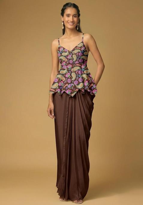 Brown Printed Crepe Fusion Set