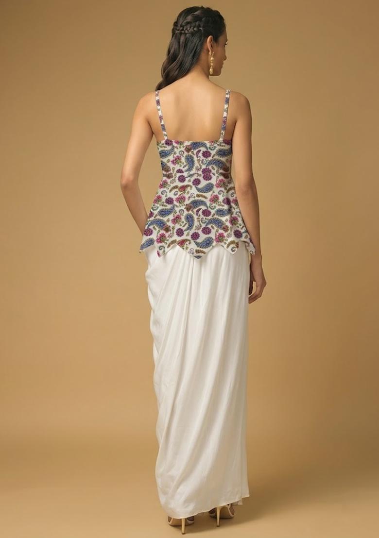 White Printed Crepe Fusion Set - Indya