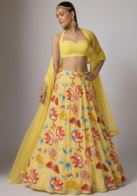 Pastel Yellow Printed Chinon Lehenga Set