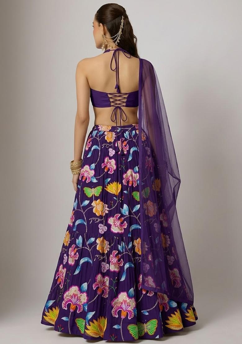 Purple Printed Chinon Lehenga Set - Indya