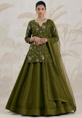 Olive Green Embroidered Silk Blend Lehenga Set