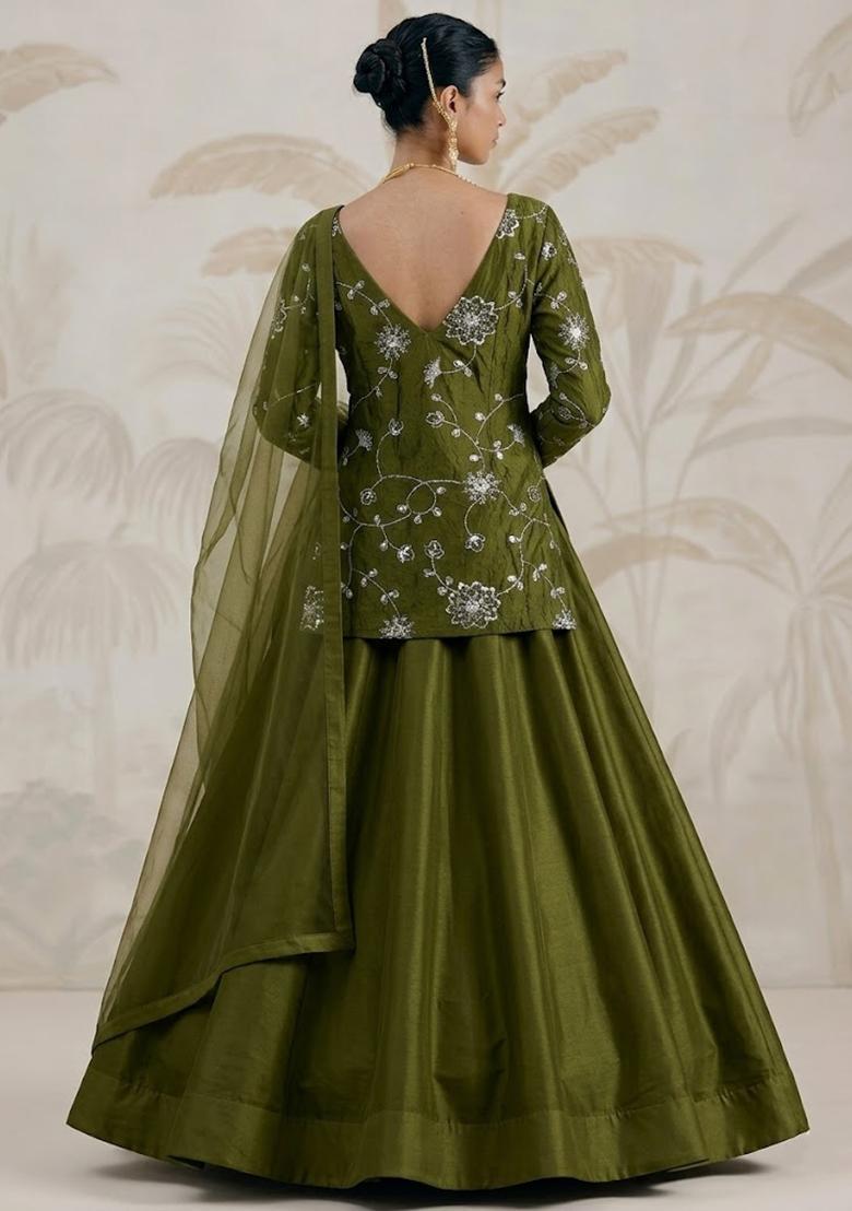 Olive Green Embroidered Silk Blend Lehenga Set - Indya