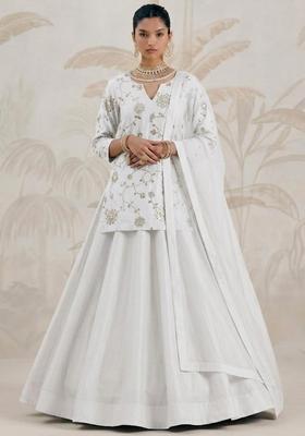 White Embroidered Silk Blend Lehenga Set