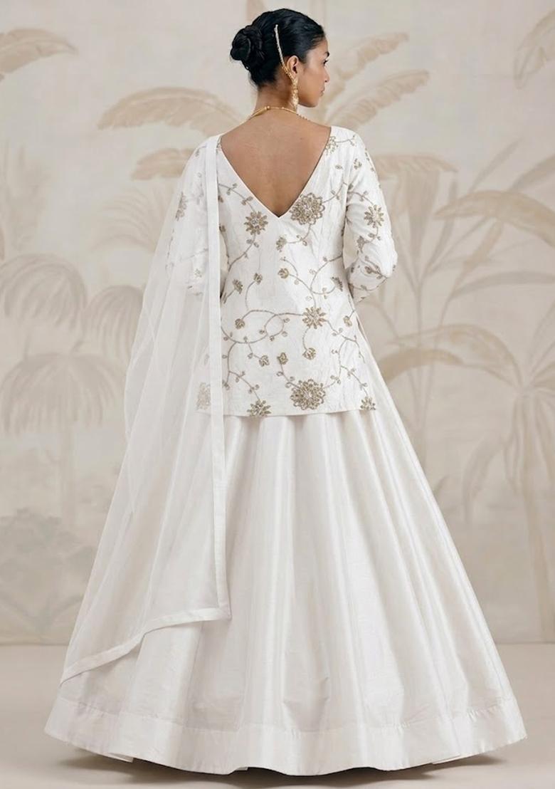 White Embroidered Silk Blend Lehenga Set - Indya
